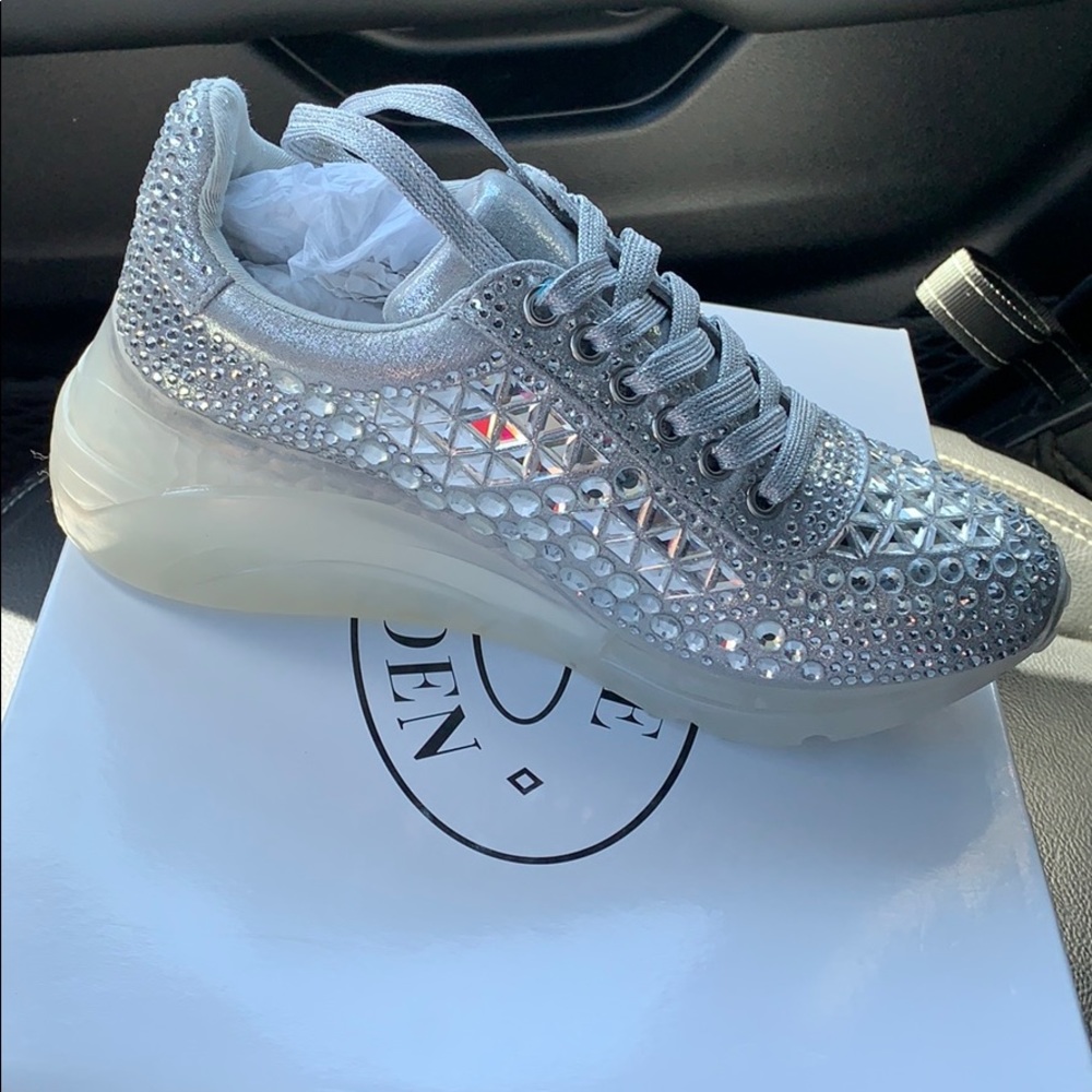 Steve Madden Silver Crystal Embellished Platform Sneakers